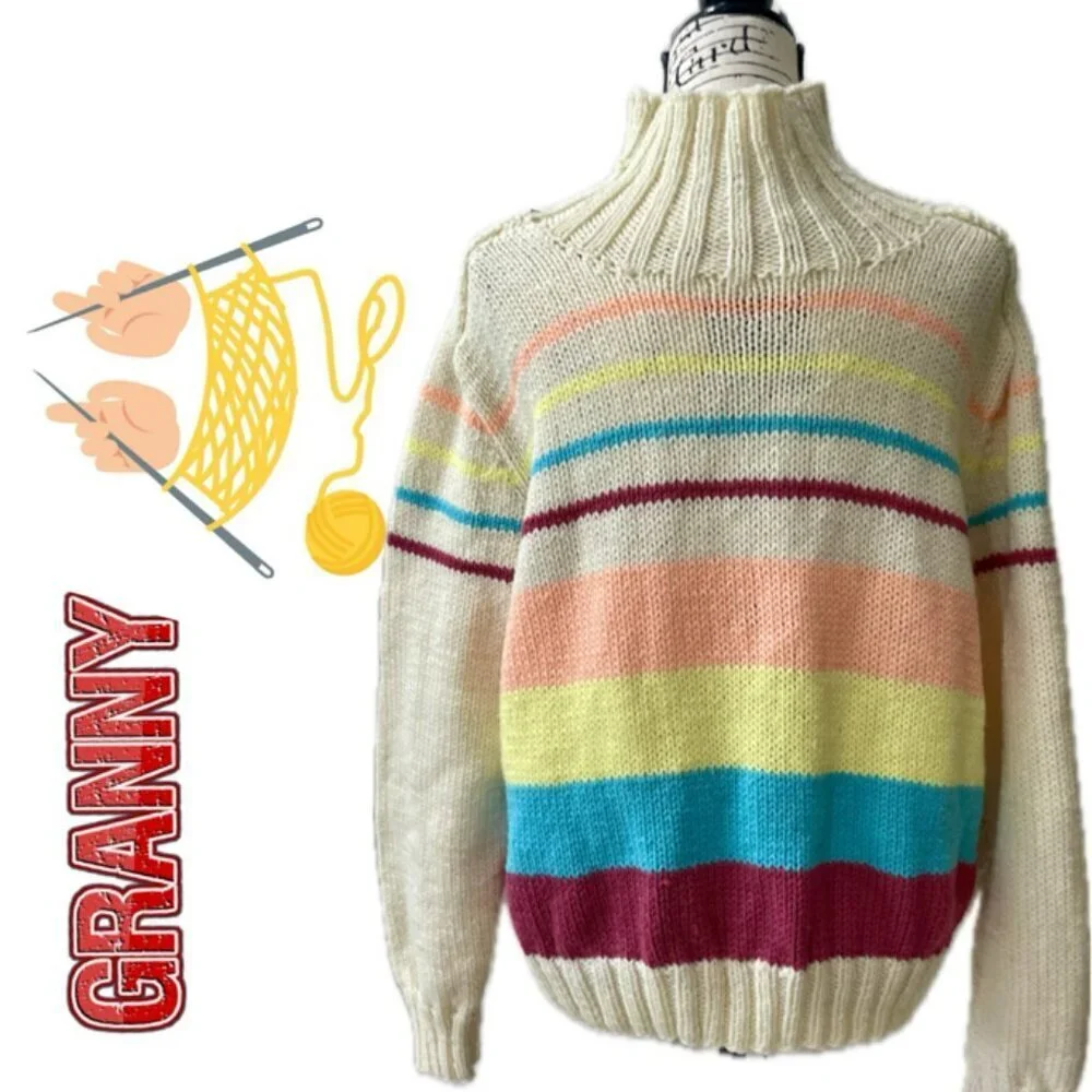 GRANNY SQUARE CHUNKY WOOL SWEATER MOCK NECK COLOR POP Sz M ECLECTIC GRANDPA CORE